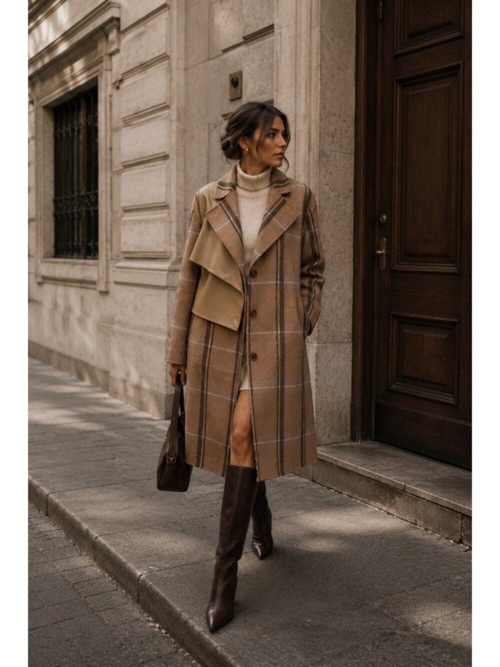 BLANCORE Plaid Wool Coat XS Brown Leather Panel Long Jacket Minimalist Chic